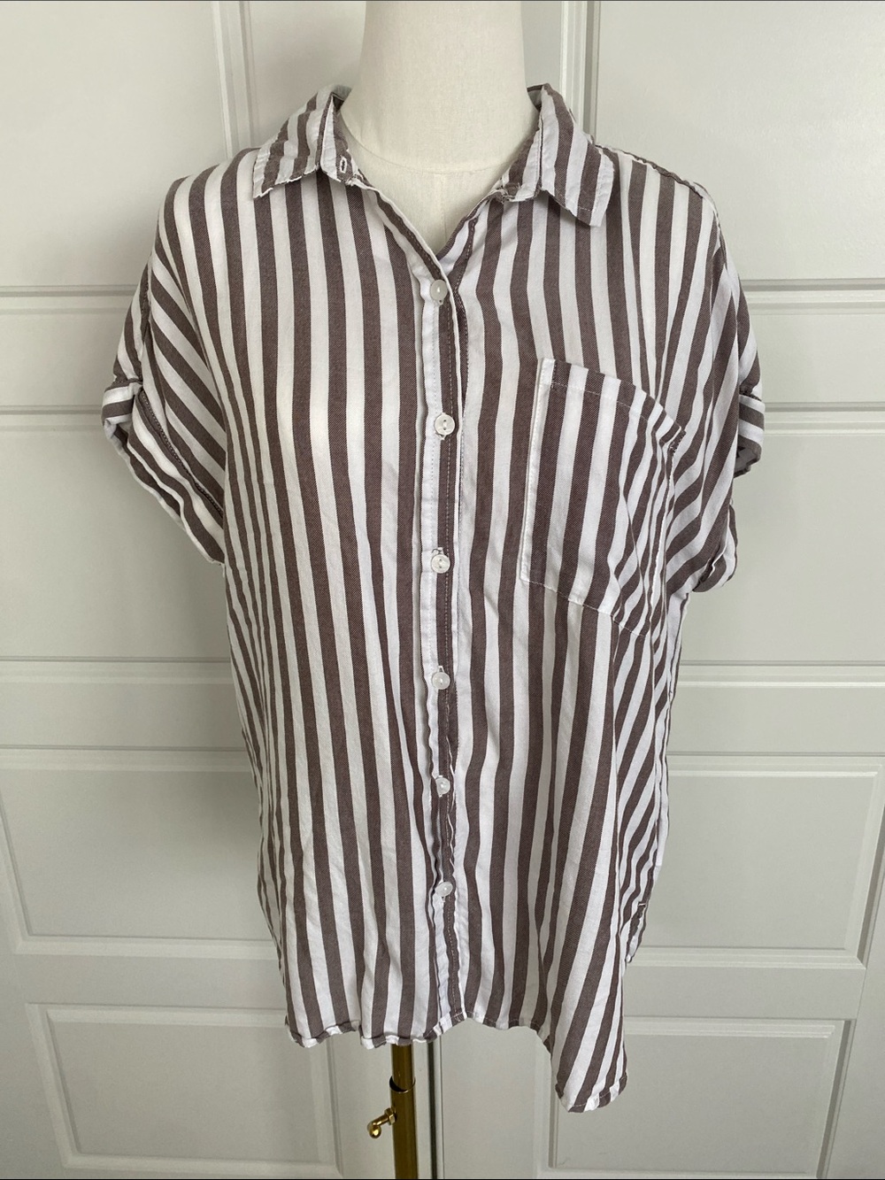 Lola River Tencel Lyocell Striped Button Down Shirt Medium Brown White